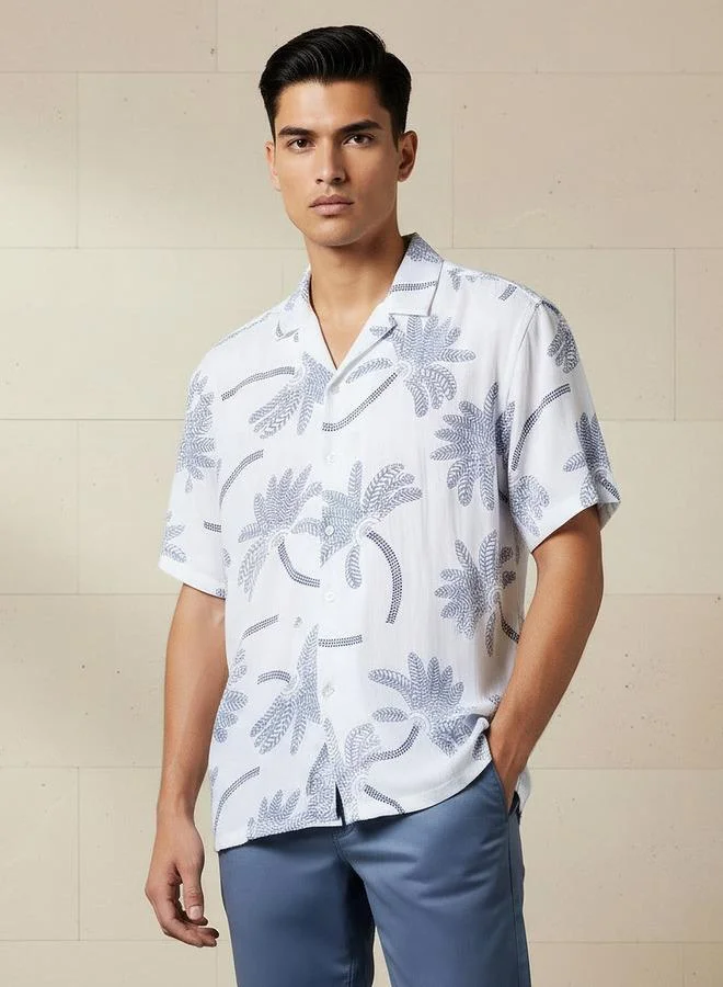 سبلاش فيڤ Men Camp Collar Palm Tree Print Short Sleeve Resort Shirt